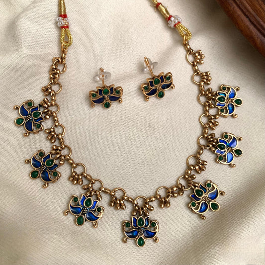 Premium Lotus Necklace With Earrings (Royal Blue & Green)