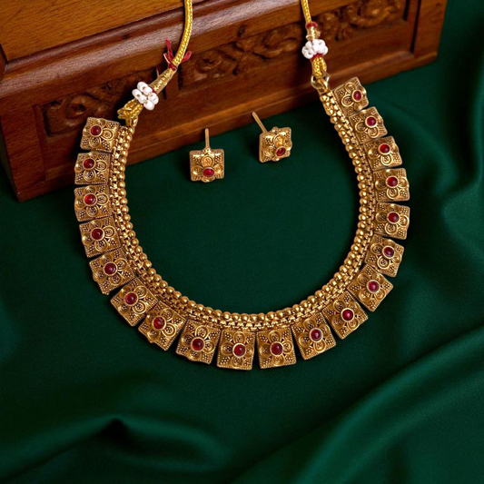 Regal Square Temple Necklace With Earrings (Red)