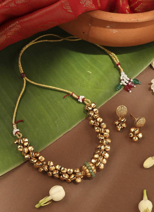 Ghungroo Necklace Set With Green Ball Pendant
