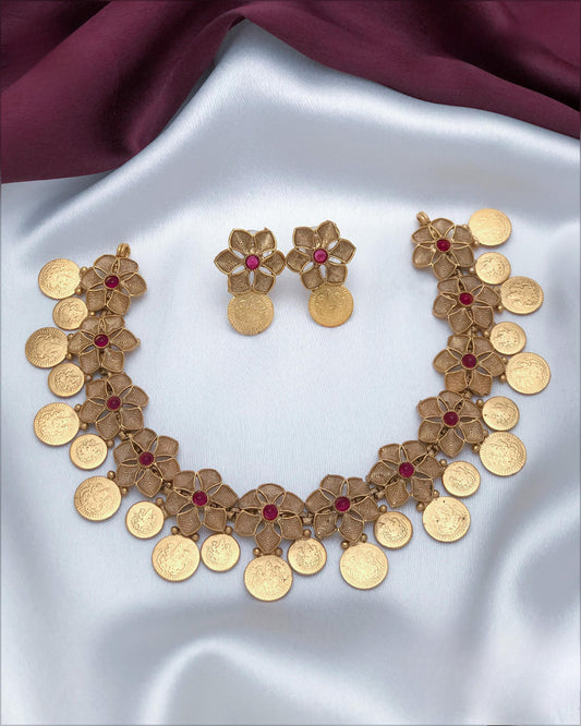 Floral Coin Necklace With Earring (Red)