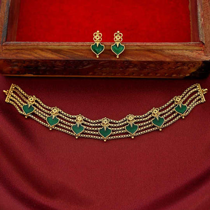 Traditional 5 Layer Green Palakka Choker Set with Earrings