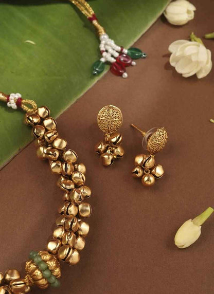 Ghungroo Necklace Set With Green Ball Pendant
