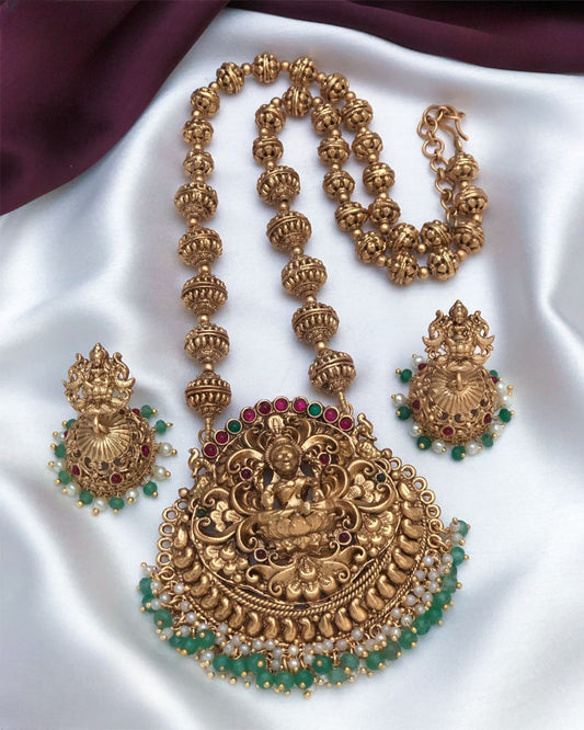 Traditional Lakshmi Temple Necklace with Ruby & Emerald Beads