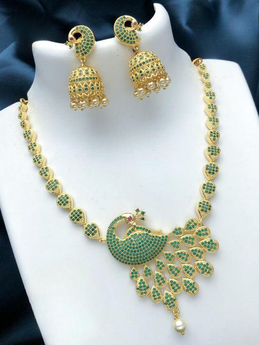 Preamium Gold plated Ad Necklace With Green Peacock