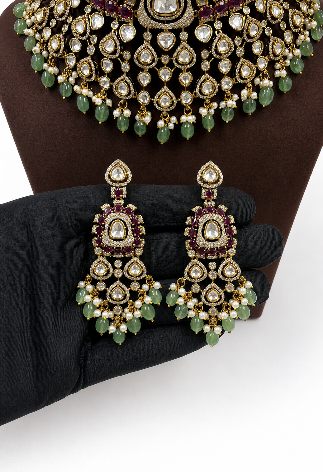 Bridal Royale Ruby Haute Mint Moissanite Necklace Set with Earrings & Maang Tikka | Luxury Polki Bridal Jewellery