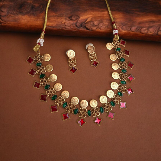 Lakshmi Kasu Mala with Ruby & Emerald Enamel With Earrings