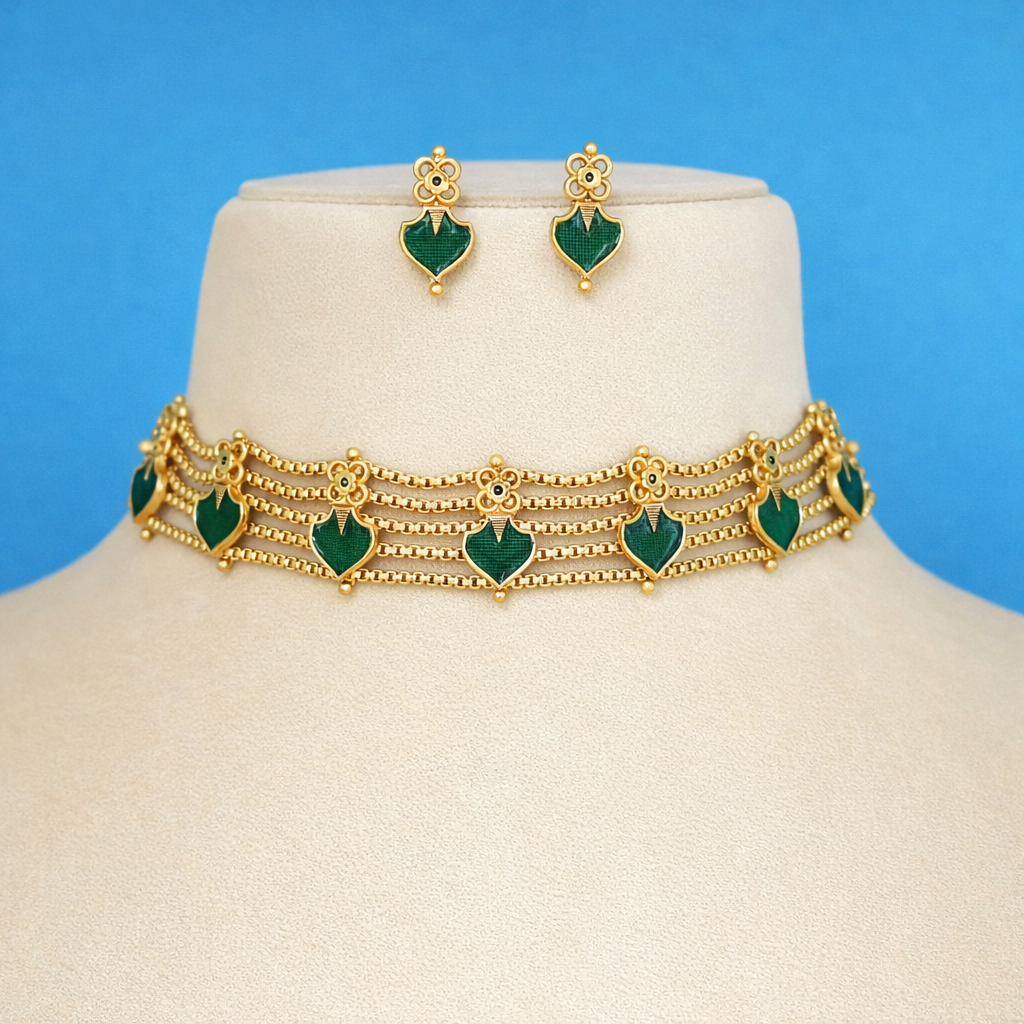 Traditional 5 Layer Green Palakka Choker Set with Earrings