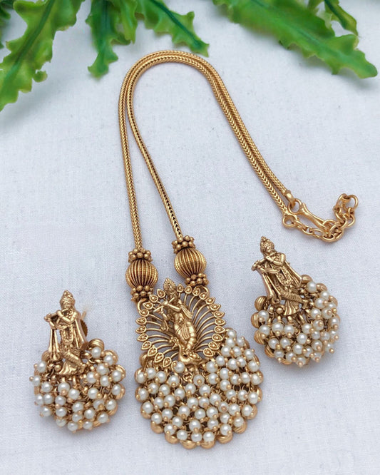 Lord Krishna Necklace And Earrings with Pearl