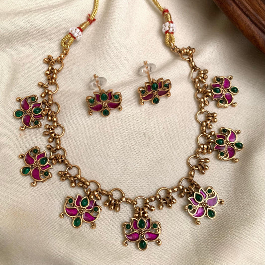 Premium Lotus Necklace With Earrings (Purple & Green)