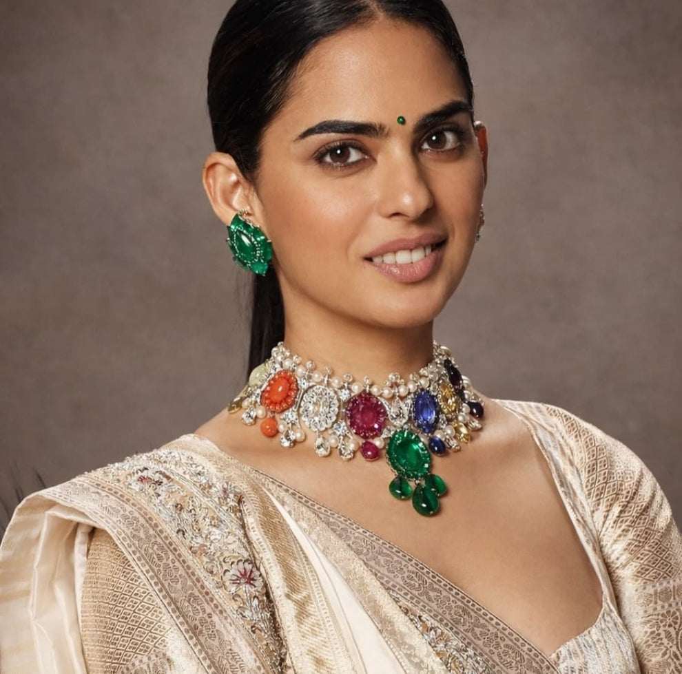 Isha Ambani Inspired Navratna Necklace Set with Earrings | Premium AD Stone Bridal Choker