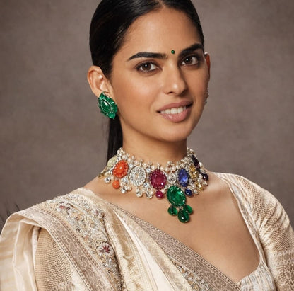 Isha Ambani Inspired Navratna Necklace Set with Earrings | Premium AD Stone Bridal Choker