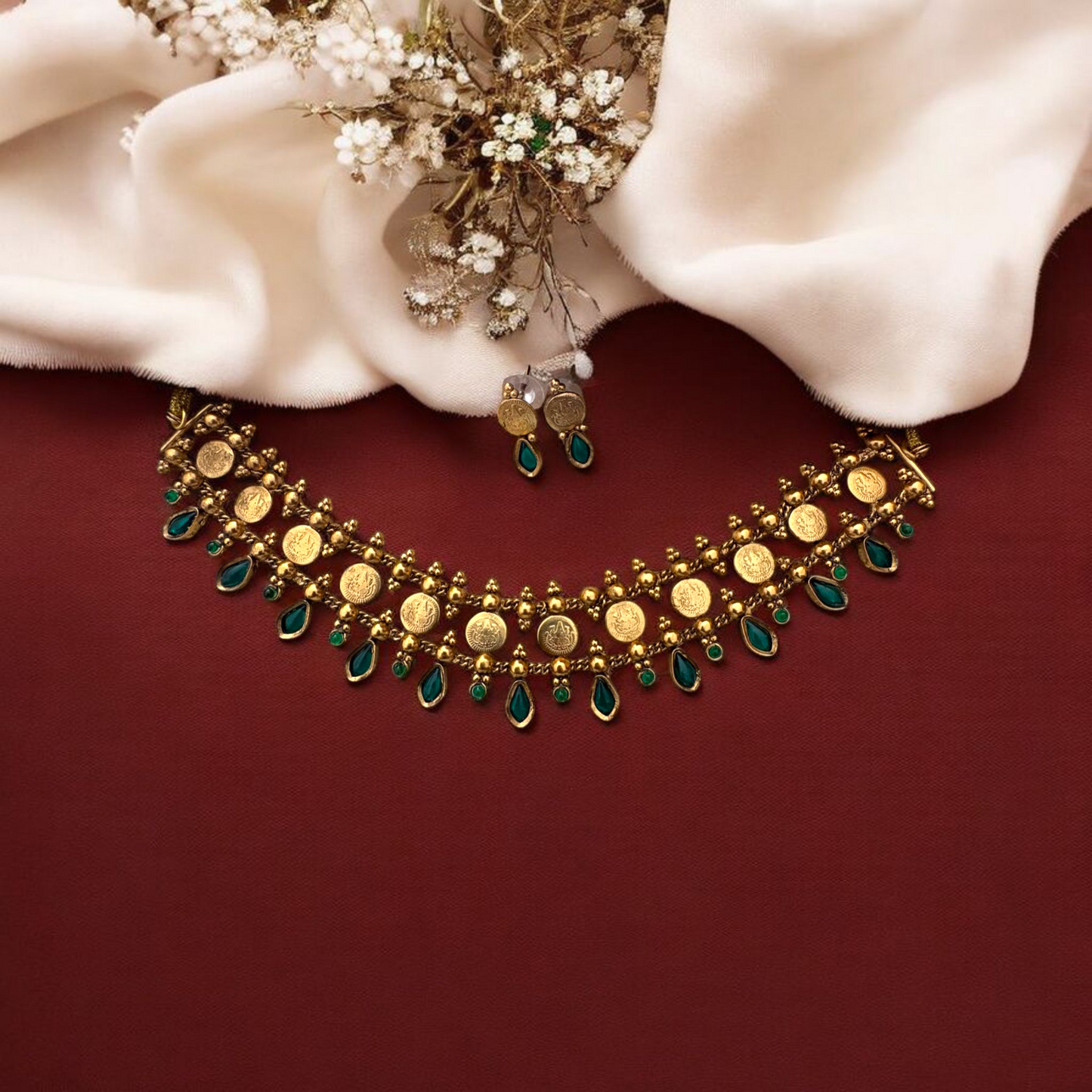Coin X Nagapadam Green Necklace With Earrings