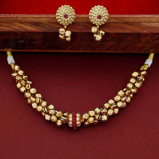 Ghungroo Necklace Set With Red Ball Pendant