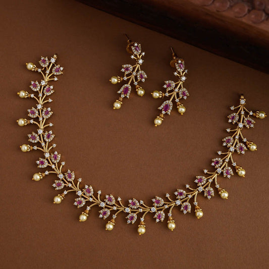 Gulmor Elegance – Ruby x white & Pearl Ad Necklace With Earrings