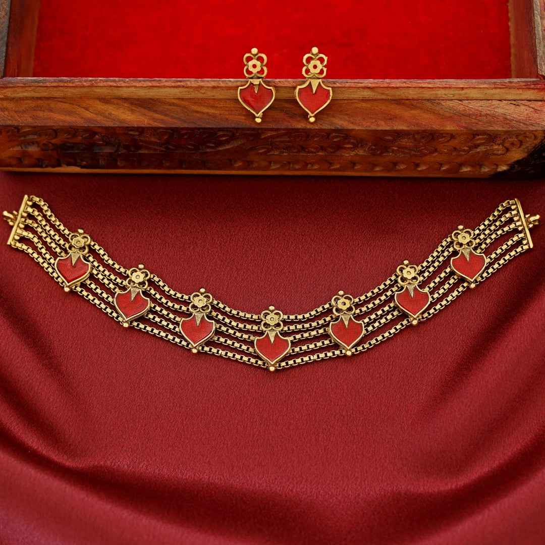 Traditional 5 Layer Red Palakka Choker Set with Earrings