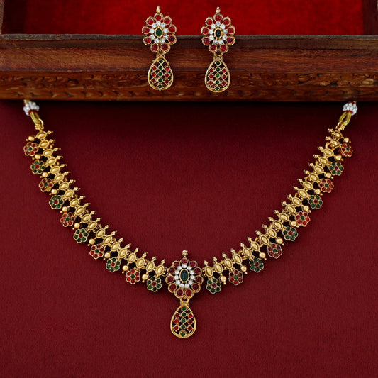 Adyashree Floral Multi Colour Kemp Short Neckpiece With Earring