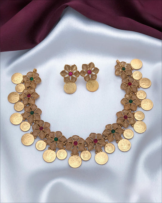 Floral Coin Necklace With Earring (Red&Green)