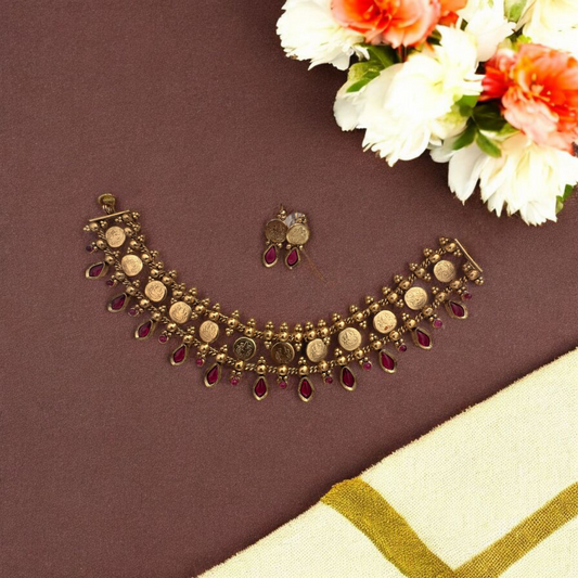 Coin X Nagapadam Red  Necklace With Earrings