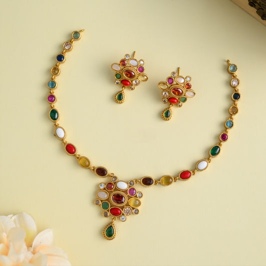 Premium Navaratna Necklace With Earrings