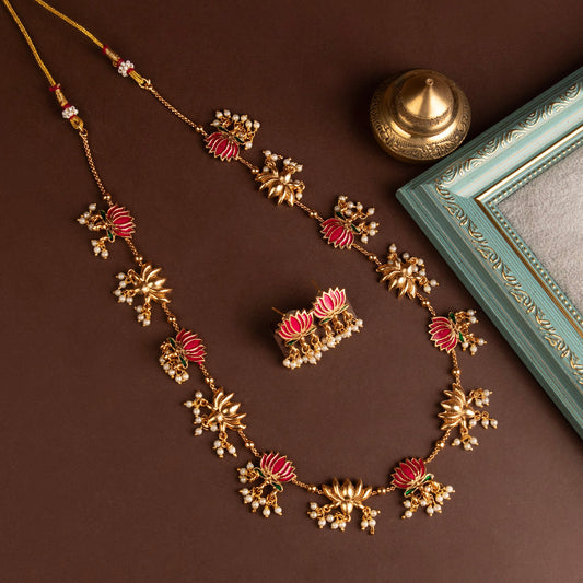 Pink Lotus x Gold Lotus With Pearl With Earrings Haram