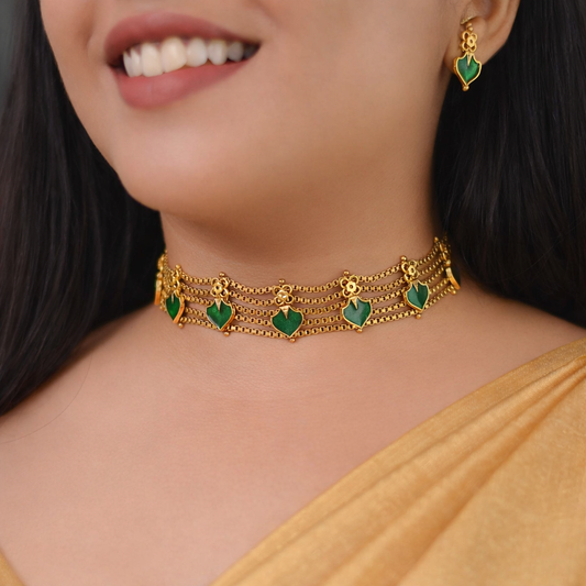 Traditional 5 Layer Green Palakka Choker Set with Earrings