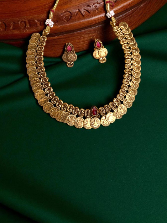 Coin Necklace With Red Stone With Earrings