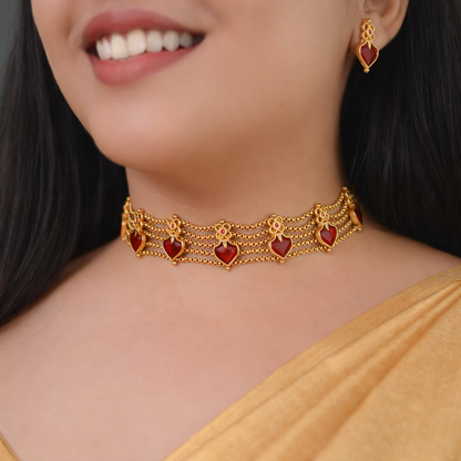 Traditional 5 Layer Red Palakka Choker Set with Earrings