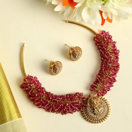 Lakshmi Cluster Red Bead Hasli Necklace With Earrings