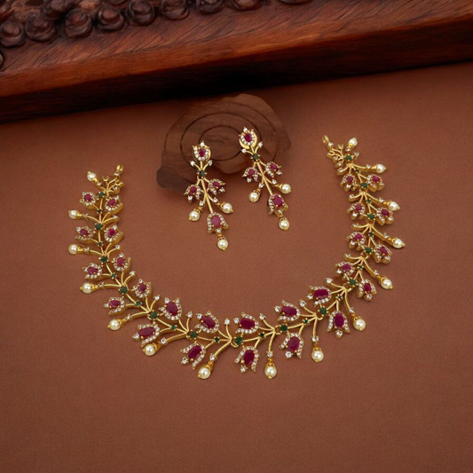 Gulmor Elegance – Ruby & Pearl Ad Necklace With Earrings