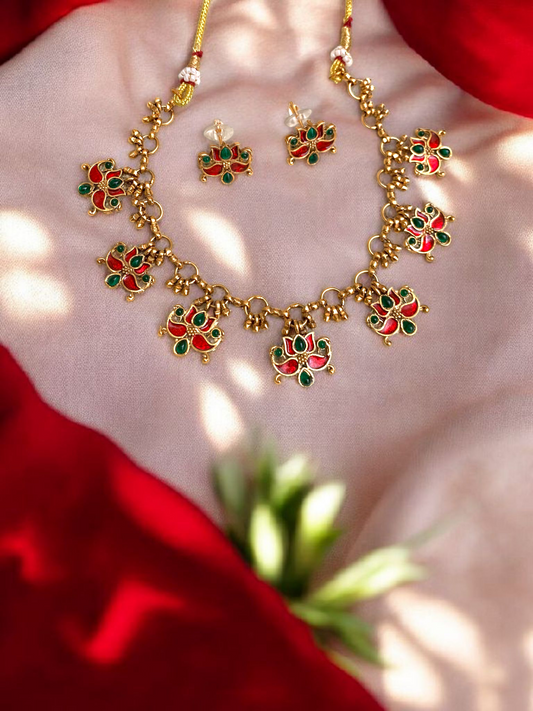 Premium Lotus Necklace With Earrings (Red &Green )