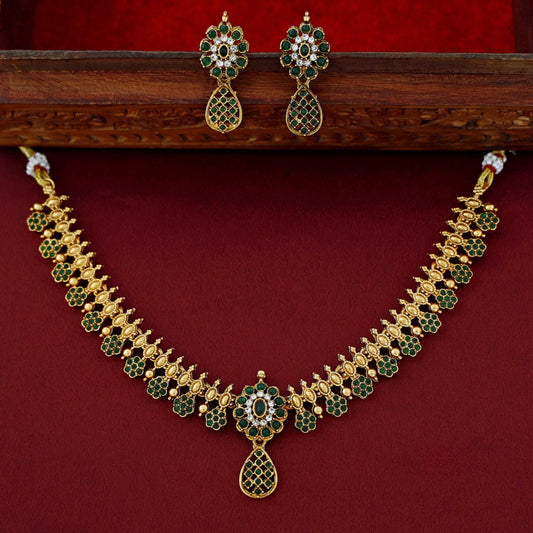 Adyashree Floral Green Kemp Short Neckpiece With Earring