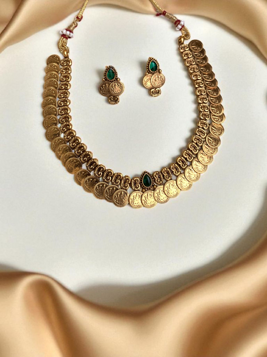 Coin Necklace With Green Pendant With Earrings