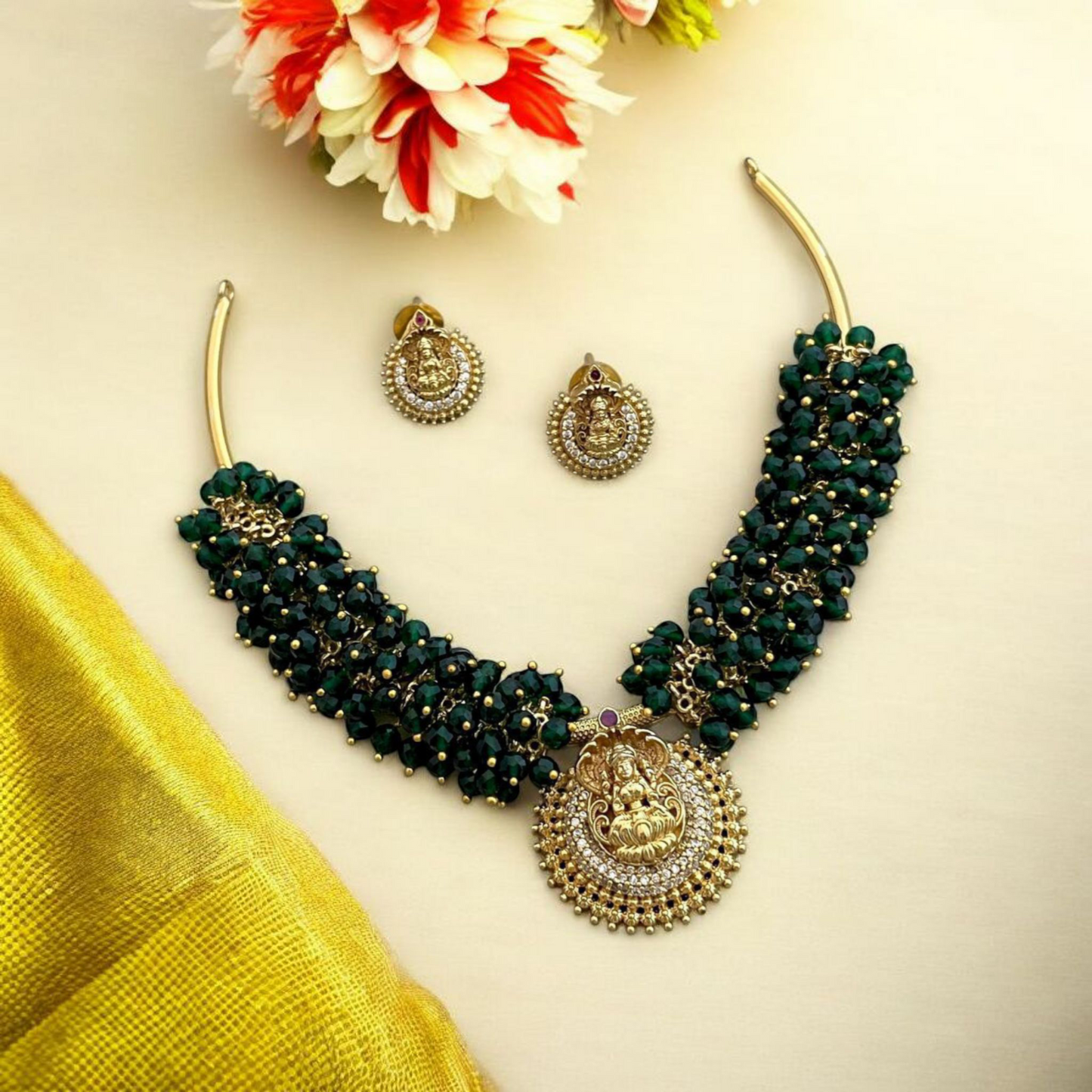 Lakshmi Cluster Green Bead Hasli Necklace With Earrings