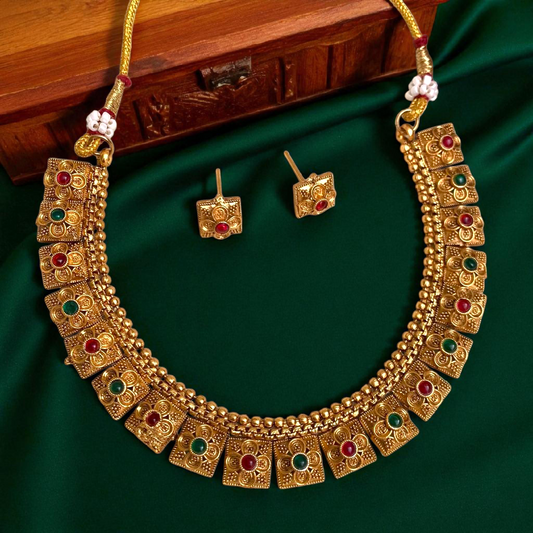 Regal Square Temple Necklace With Earrings (Multicolour)