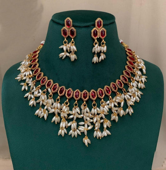 Red Colour Necklace With Rice Pearl