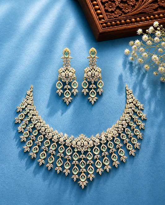 Cyan Blue Stone Bridal Necklace Set with Earrings | Premium AD Diamond Finish Wedding Jewellery | Luxury Statement Choker Set