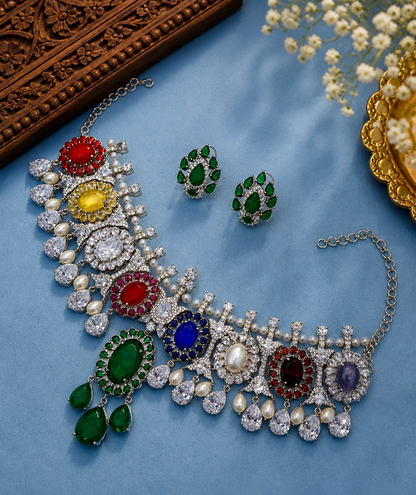 Isha Ambani Inspired Navratna Necklace Set with Earrings | Premium AD Stone Bridal Choker