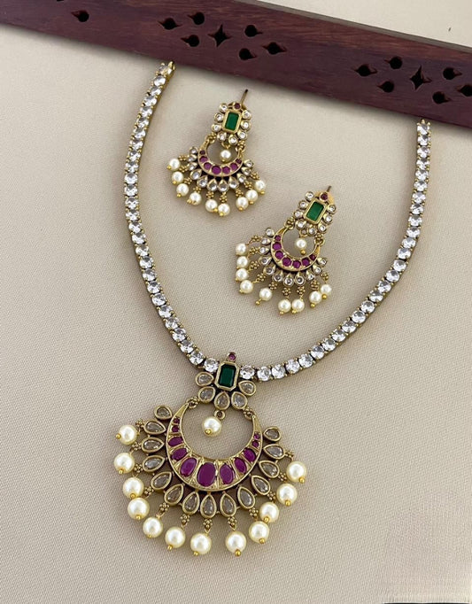Heritage Polki Necklace Set with Pearls & Colored Stones With Earrings
