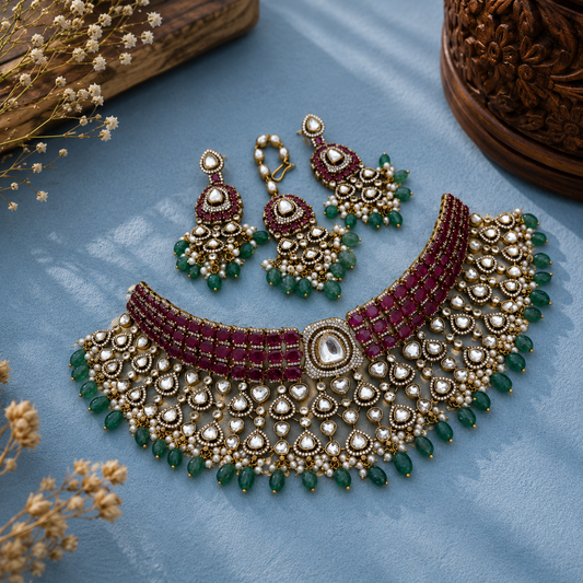 Bridal Royale Ruby Haute Mint Moissanite Necklace Set with Earrings & Maang Tikka | Luxury Polki Bridal Jewellery