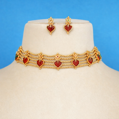 Traditional 5 Layer Red Palakka Choker Set with Earrings