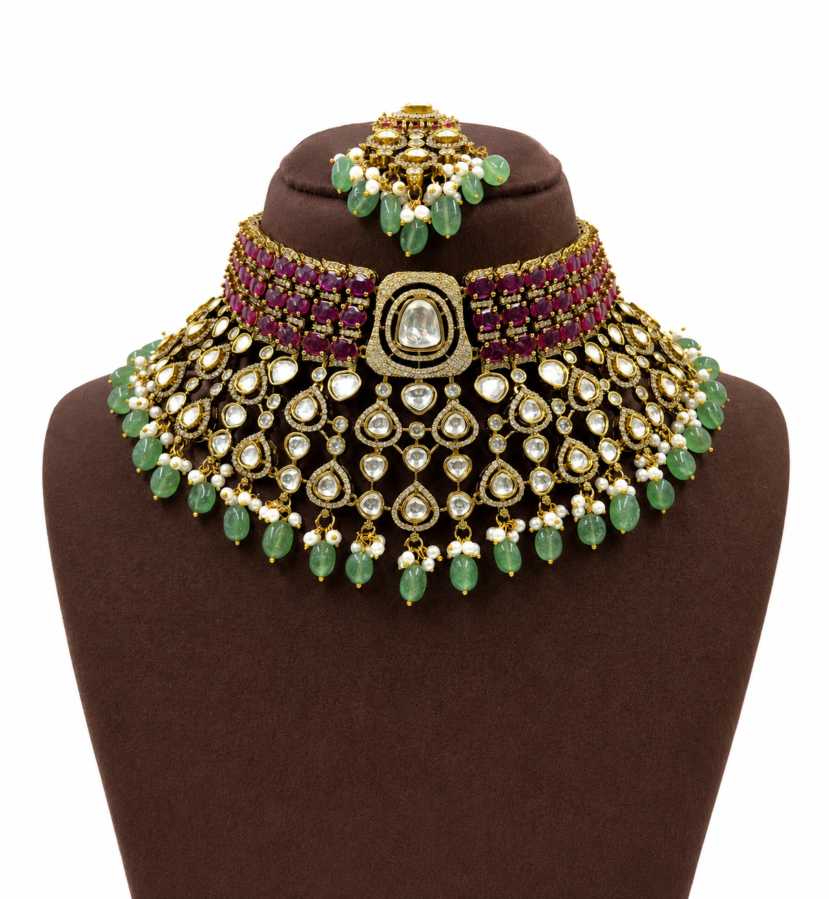 Bridal Royale Ruby Haute Mint Moissanite Necklace Set with Earrings & Maang Tikka | Luxury Polki Bridal Jewellery