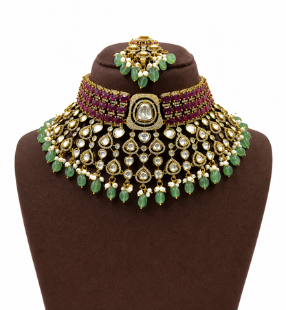 Bridal Royale Ruby Haute Mint Moissanite Necklace Set with Earrings & Maang Tikka | Luxury Polki Bridal Jewellery